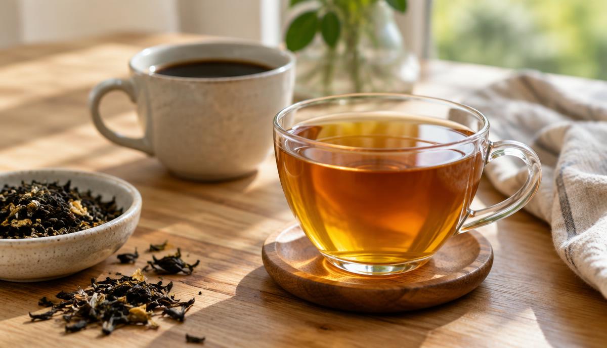 Taza de té en primer plano y taza de café al fondo, la transición de cambiar el café por el té.