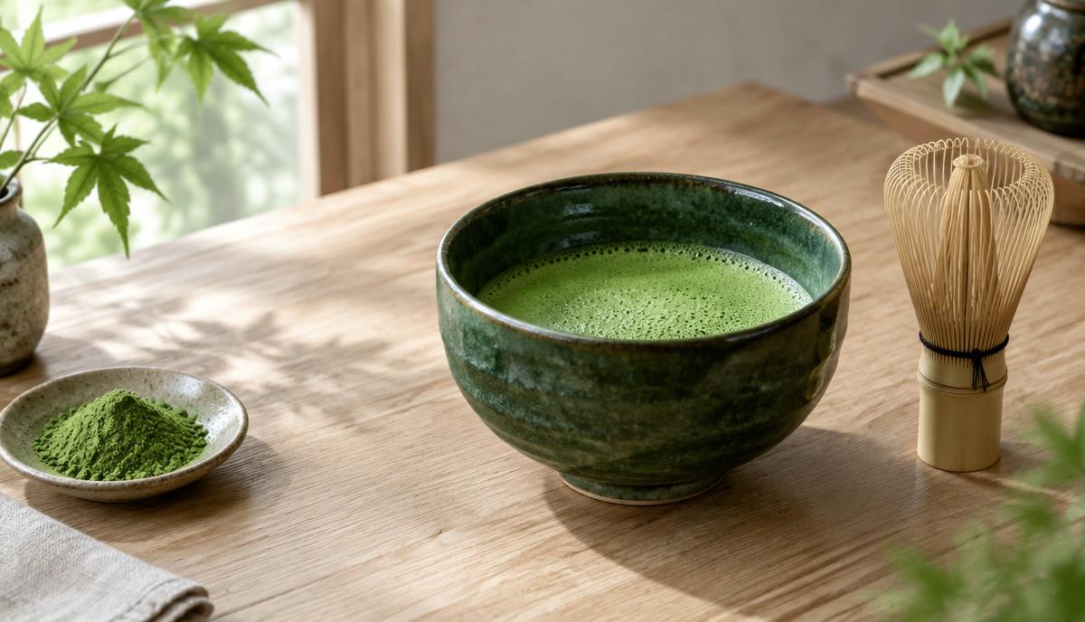 Tazón de matcha batido junto a un batidor de bambú tradicional.