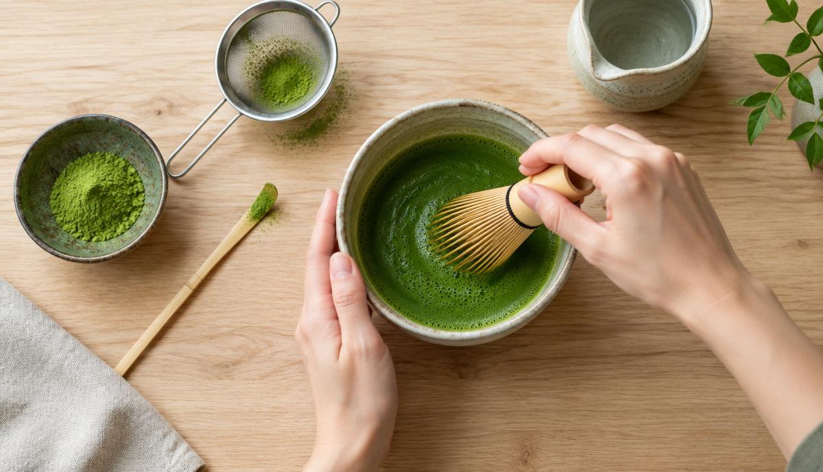 Manos preparando matcha con calma, un gesto de consumo consciente.