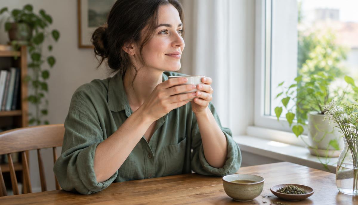 Persona disfrutando de una taza de té junto a una ventana por la mañana.
