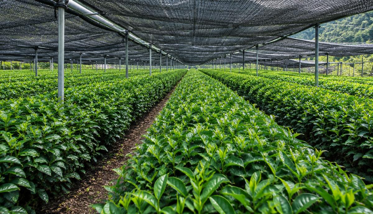 Plantación de tencha cubierta a la sombra en Japón, el cultivo del que se obtiene el matcha.