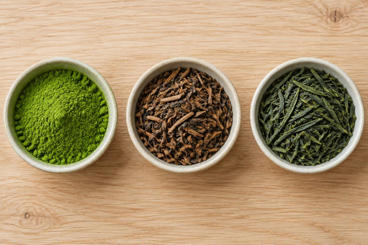 Matcha, hojicha y sencha en cuencos, tres alternativas de té verde japonés.