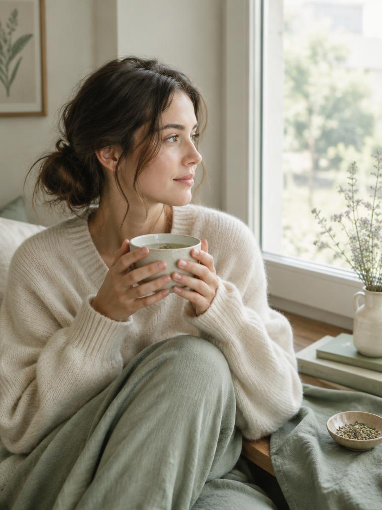 Persona tranquila por la mañana con una taza junto a la ventana